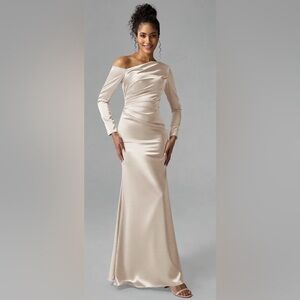 AW ANYA DRESS Satin Champagne Asymmetrical neckline long sleeve Sz 12
